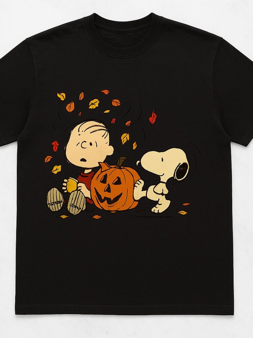 Cartoon Beagle Pumpkin Fall Leaves Graphic Tee Washed Brown Retro Unisex Shirt